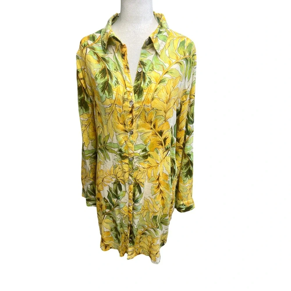 Tahari Linen Long Sleeve Shirt Dress Sz M Tropical‎ Print Coastal Boho Vacation